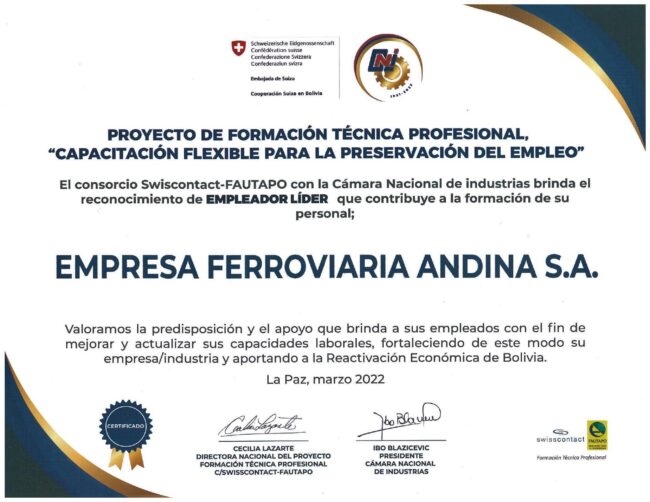 Certificado- Ferroviaria Andina